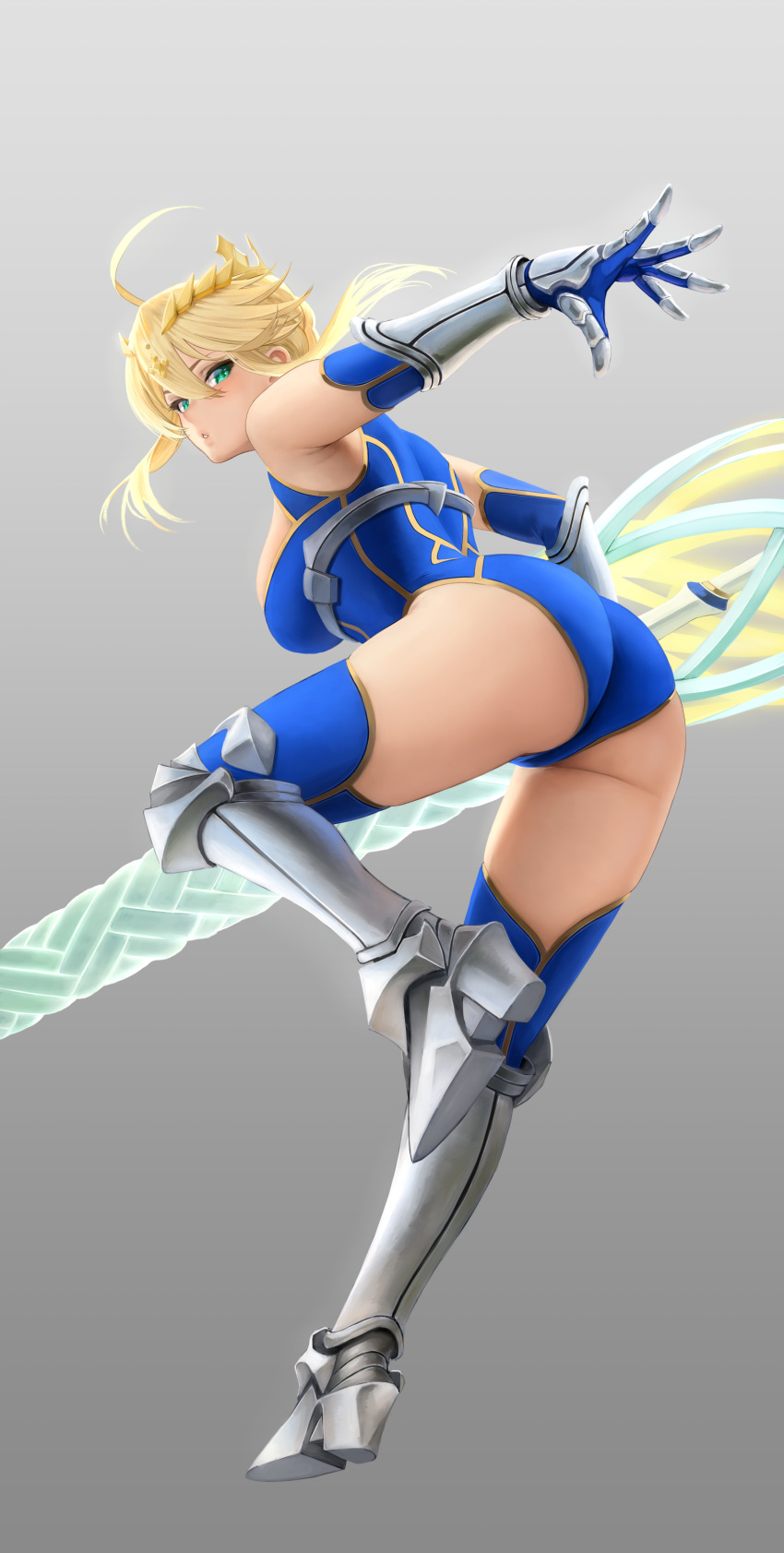 1girl absurdres ahoge armored_boots artoria_pendragon_(fate) artoria_pendragon_(lancer)_(fate) ass blonde_hair blue_leotard boots braid breasts commentary_request fate/grand_order fate_(series) floating_hair from_behind full_body gauntlets green_eyes highres holding holding_lance holding_polearm holding_weapon lance large_breasts legs leotard looking_back parted_lips polearm solo thigh-highs thigh_boots thighs tiara vambraces weapon yamaneko_(tkdrumsco)