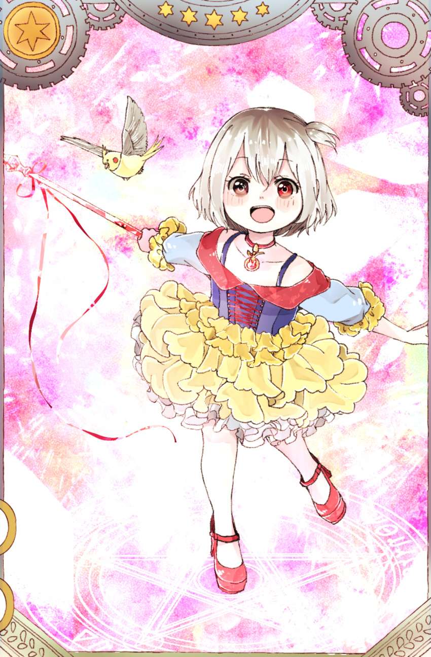 1girl absurdres alternate_costume animal bangs bird blush child collarbone commentary_request frilled_skirt frills high_heels highres holding holding_staff kaneki_ichika layered_skirt long_sleeves multicolored multicolored_background multicolored_hair open_mouth pink_background red_footwear shirt shoes short_hair skirt smile solo staff tokyo_ghoul tokyo_ghoul:re toukaairab two-tone_hair upper_teeth white_background yellow_skirt
