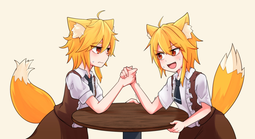 2girls ahoge animal_ear_fluff animal_ears arm_wrestling asymmetrical_hair bangs black_neckwear blonde_hair blush brown_eyes brown_skirt brown_vest collared_shirt commentary_request cookie_(touhou) cowboy_shot dual_persona eyebrows_visible_through_hair fang fox_ears fox_girl fox_tail looking_at_another medium_hair miramikaru_riran multiple_girls necktie open_mouth shirt short_sleeves sidelocks simple_background skirt tail vest wavy_mouth white_shirt yan_pai yellow_background