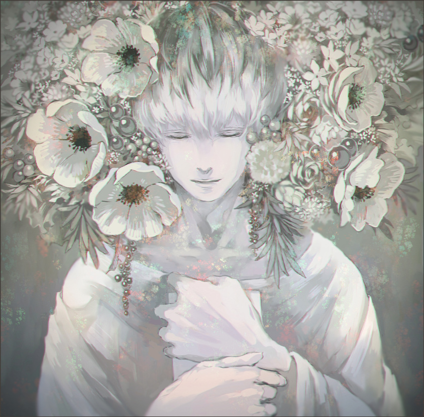 1boy bangs black_hair closed_eyes closed_mouth colored_skin commentary_request flower grey_shirt grey_skin hands_up highres holding koujima_shikasa male_focus multicolored_hair sasaki_haise shirt short_hair smile solo tokyo_ghoul tokyo_ghoul:re upper_body white_flower white_hair
