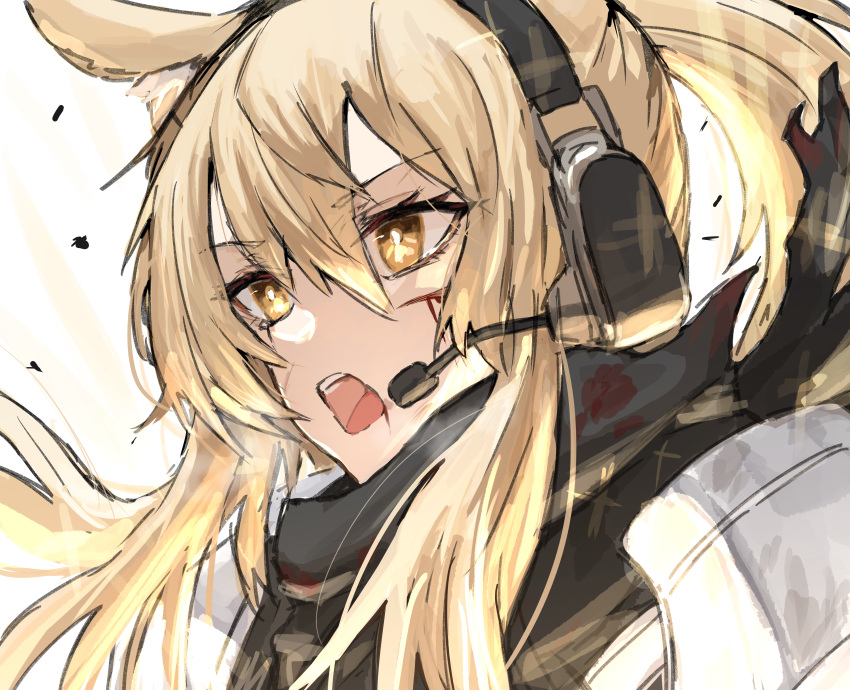 1girl absurdres animal_ears arknights armor blonde_hair blood blood_on_clothes blood_on_face commentary_request hair_between_eyes headset highres horse_ears horse_girl horse_tail huge_filesize implied_extra_ears long_hair looking_ahead nearl_(arknights) open_mouth ponytail raw_egg_lent scratches simple_background solo tail upper_body white_background yellow_eyes