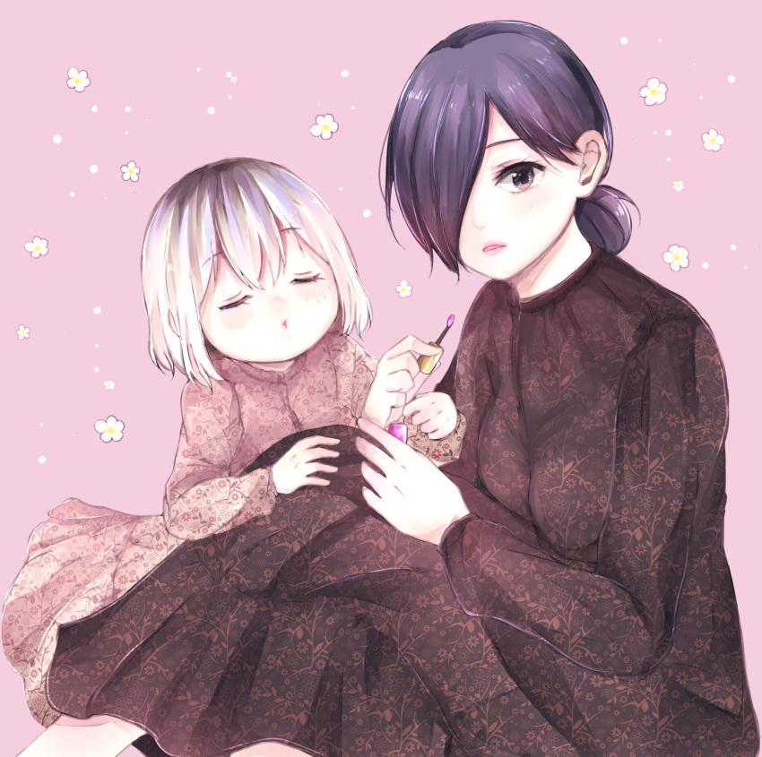 2girls absurdres bangs black_dress blush breasts closed_eyes commentary_request cosmetics dress facing_another floral_print hair_between_eyes hair_bun hair_over_one_eye highres kaneki_ichika kirishima_touka knees_up lipstick_tube long_sleeves looking_at_viewer medium_breasts mother_and_daughter multicolored_hair multiple_girls pink_background pink_lips short_hair smile tokyo_ghoul tokyo_ghoul:re toukaairab two-tone_hair