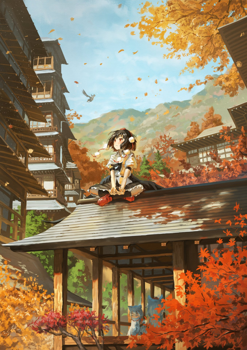 4girls animal_ears architecture autumn_leaves bird_wings black_hair black_neckwear black_ribbon black_skirt blush branch crossed_legs east_asian_architecture feathered_wings fjsmu flying geta hat highres leaf looking_up mountainous_horizon multiple_girls pom_pom_(clothes) red_eyes ribbon shameimaru_aya shirt short_hair short_sleeves skirt tengu-geta tokin_hat touhou tree white_hair white_shirt wings wolf_ears