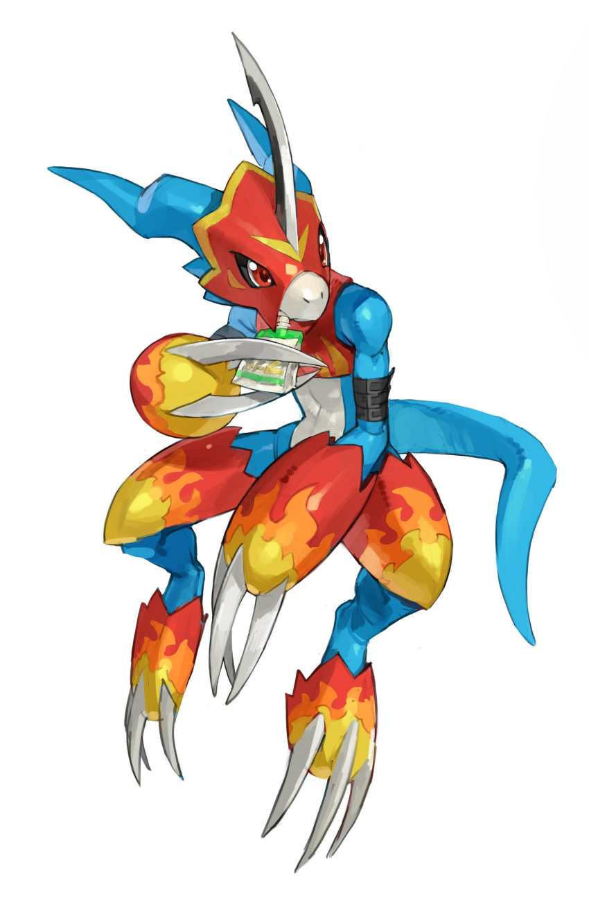 absurdres armor blue_skin claws colored_skin digimon_(creature) drinking fladramon helmet highres holding horns invisible_chair no_humans red_eyes simple_background single_horn sitting solo tail tapioka_chaso white_background white_skin
