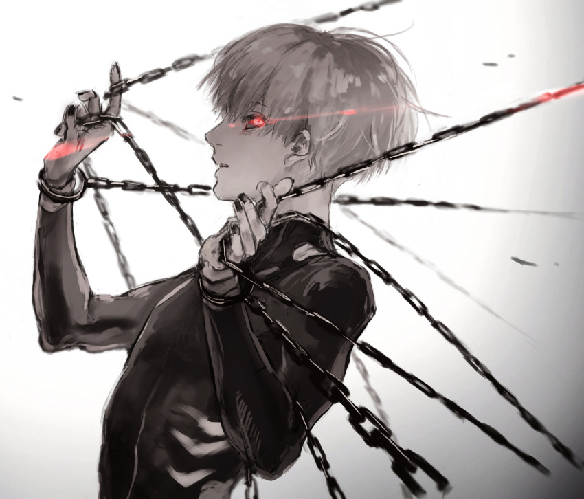black_bodysuit black_nails black_sclera bodysuit chain colored_sclera commentary from_side glowing glowing_eye gradient gradient_background grey_background grey_hair highres kaneki_ken koujima_shikasa long_sleeves looking_at_viewer nail_polish parted_lips profile red_eyes solo spot_color symbol-only_commentary tokyo_ghoul upper_body