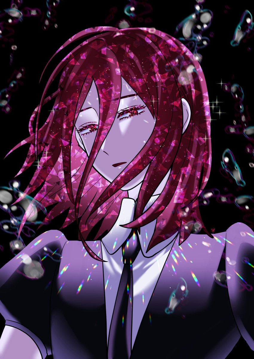 1other absurdres ahoge androgynous bangs black_background cinnabar_(houseki_no_kuni) colored_eyelashes commentary_request crystal_hair gem_uniform_(houseki_no_kuni) hair_between_eyes highres houseki_no_kuni korean_commentary light_particles long_bangs looking_at_viewer mercury_(element) moina necktie open_mouth puffy_short_sleeves puffy_sleeves red_eyes redhead shirt short_sleeves simple_background solo sparkle