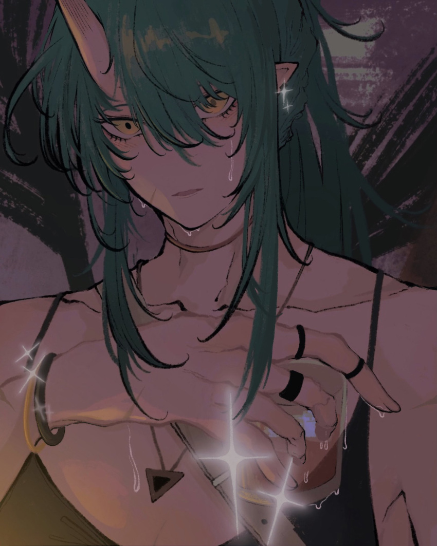 1girl arknights bangs bare_shoulders black_dress bracelet cup dress drink drinking_glass earrings green_hair hair_between_eyes highres holding holding_cup horns hoshiguma_(arknights) jewelry long_hair looking_at_viewer necklace oni oni_horns parted_lips pointy_ears scar scar_on_cheek scar_on_face single_horn solo spaghetti_strap sweat symbol-only_commentary upper_body yellow_eyes zero_zhengyi