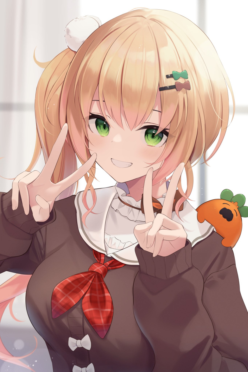 1girl bangs blonde_hair blurry blurry_background breasts brown_cardigan cardigan commentary_request curtains depth_of_field double_v eyebrows_behind_hair green_eyes grin hair_between_eyes hair_bobbles hair_ornament hairclip hands_up highres hololive long_hair long_sleeves looking_at_viewer medium_breasts mizu_(lzzrwi603) momosuzu_nene neckerchief plaid_neckwear red_neckwear sailor_collar school_uniform serafuku side_ponytail sleeves_past_wrists smile solo transparent upper_body v very_long_hair virtual_youtuber white_sailor_collar window