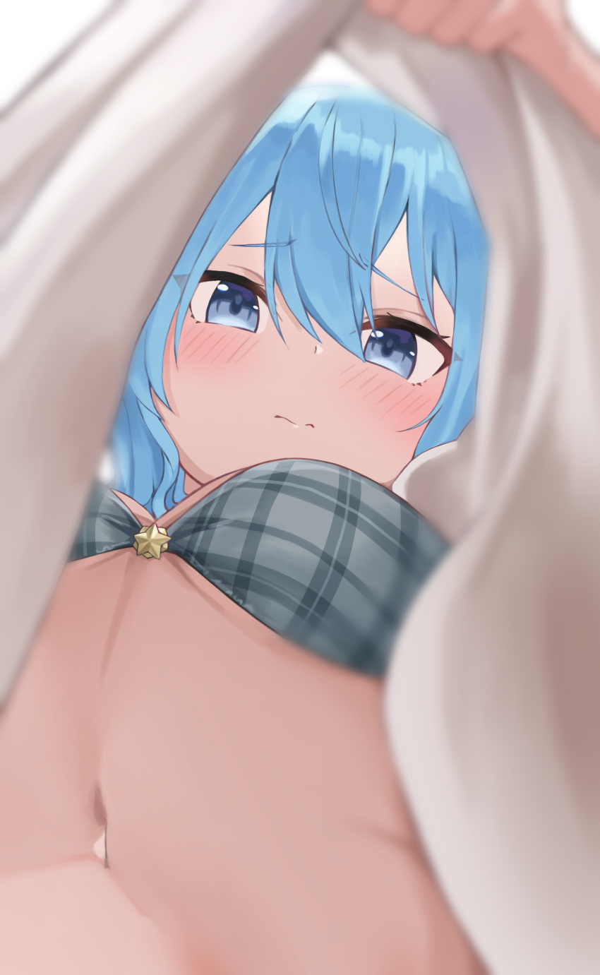 1girl absurdres ayama_nano bangs blue_eyes blue_hair blurry blurry_foreground blush bra breasts closed_mouth clothes_lift commentary_request depth_of_field eyebrows_visible_through_hair from_below grey_bra hair_between_eyes highres hololive hoshimachi_suisei lifted_by_self looking_at_viewer looking_down medium_breasts navel plaid plaid_bra shirt shirt_lift solo underwear upshirt virtual_youtuber white_shirt