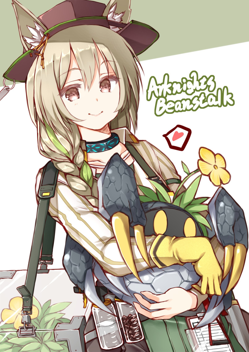 1girl animal animal_ear_fluff arknights bangs beanstalk_(arknights) blonde_hair bottle braid brown_eyes character_name clipboard collarbone commentary_request copyright_name ears_through_headwear eyebrows_visible_through_hair gloves green_background green_ribbon hair_between_eyes hair_ribbon hasumi_takashi hat heart highres holding holding_animal infection_monitor_(arknights) long_hair metal_crab_(arknights) ribbon single_braid single_glove smile spoken_heart spray_bottle two-tone_background white_background yellow_gloves