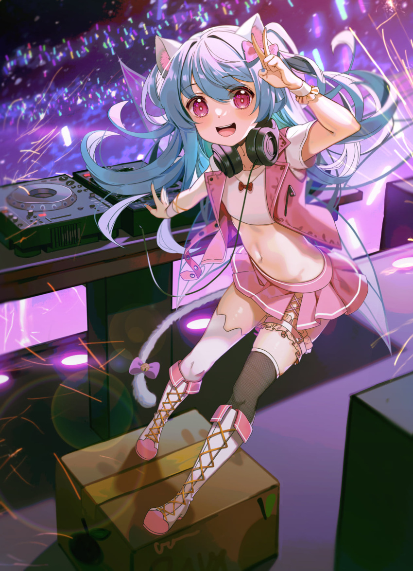 1girl animal_ear_fluff animal_ear_legwear animal_ears asymmetrical_legwear bangs blue_eyes blue_hair boots bow box cardboard_box cat_ear_legwear cat_ears cat_tail collarbone concert daikazoku63 dj ear_bow fairy_wings flat_chest glowstick headphones headphones_around_neck highres jacket knee_boots leg_garter long_hair looking_at_viewer microskirt midriff mismatched_legwear navel open_mouth pink_eyes pink_jacket pink_skirt short_sleeves skirt smile solo tail tail_bow tail_ornament thigh-highs upper_teeth v white_footwear wings wrist_cuffs