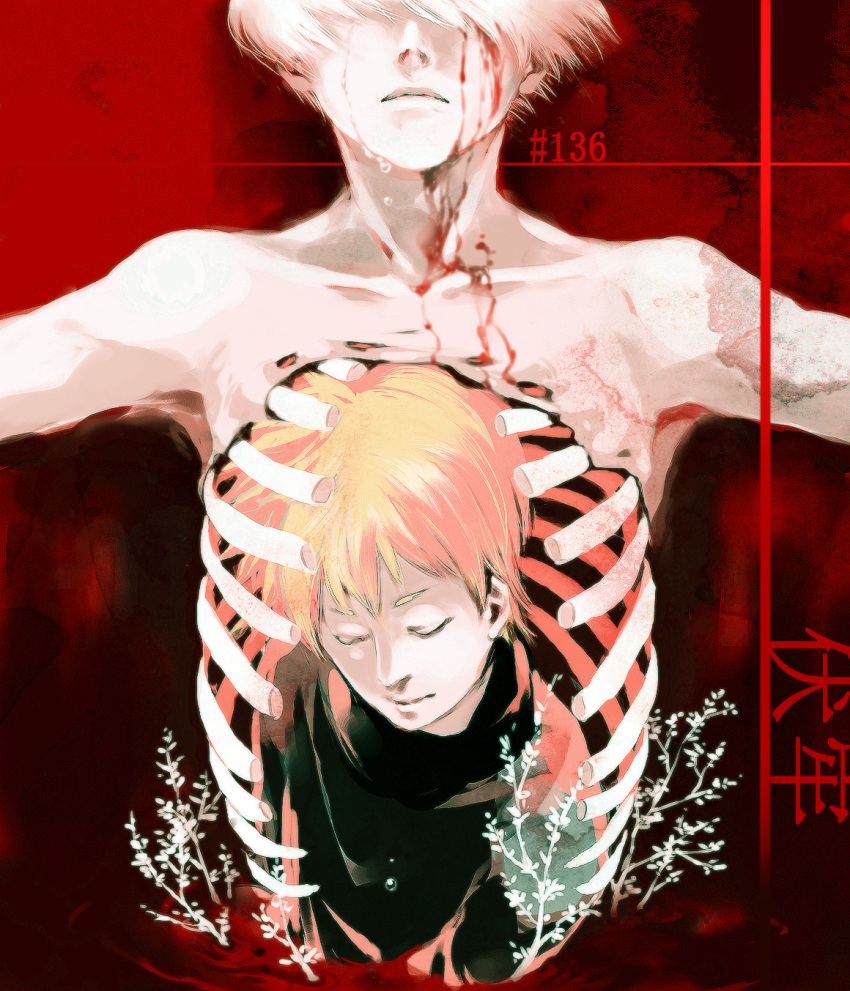 2boys bangs blonde_hair blood blood_from_eyes blood_on_face closed_eyes closed_mouth collarbone commentary facing_down guro highres kaneki_ken koujima_shikasa male_focus multicolored multicolored_background multiple_boys nagachika_hideyoshi numbered outstretched_arms plant red_background ribs short_hair teardrop tears tokyo_ghoul translation_request