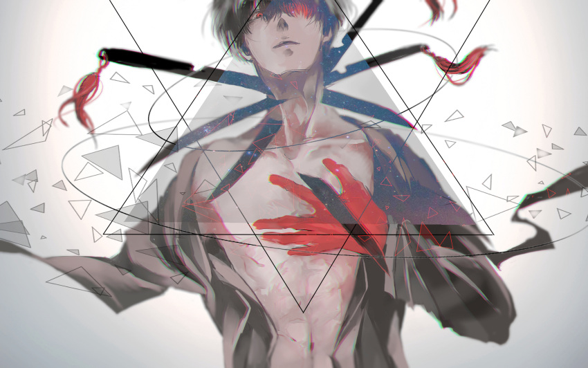 1boy androgynous bangs black_hair black_reaper collarbone commentary_request gloves gradient gradient_background grey_background hair_over_one_eye hand_up highres impaled kaneki_ken knife koujima_shikasa looking_at_viewer male_focus navel open_clothes open_shirt red_eyes red_gloves shirt short_hair smile solo tokyo_ghoul tokyo_ghoul:re upper_body