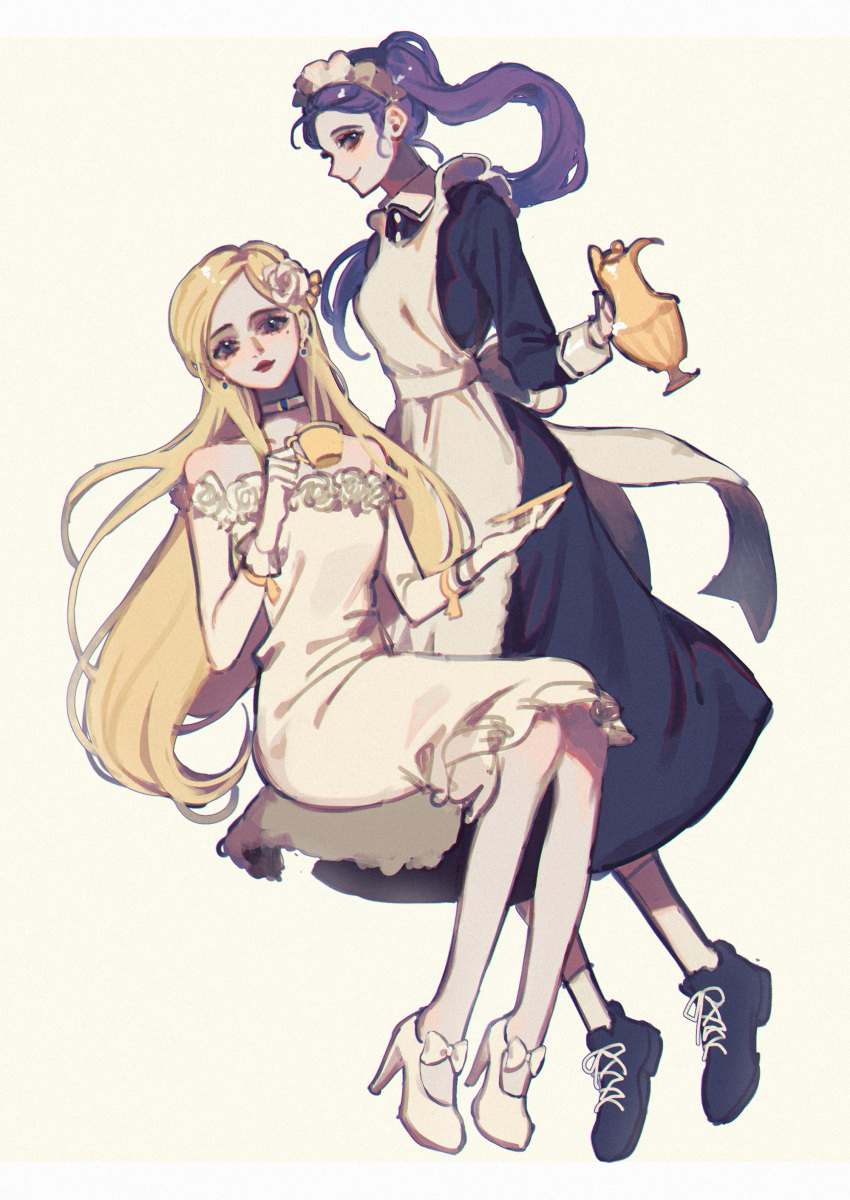 2girls absurdres apron black_dress black_footwear blonde_hair bow choker closed_mouth cup dress earrings footwear_bow highres holding huge_filesize identity_v invisible_chair jewelry long_hair long_sleeves looking_at_viewer maid maid_apron maid_headdress mole mole_under_eye multiple_girls off-shoulder_dress off_shoulder ponytail purple_hair shoes short_dress simple_background sitting smile teacup teapot tray violet_eyes white_apron white_background white_bow white_dress white_footwear yp_(pypy_5_)