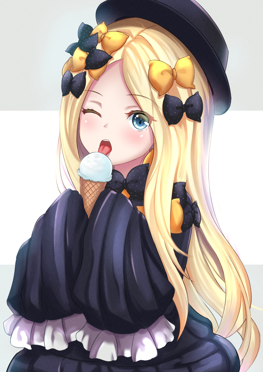 1girl abigail_williams_(fate) bangs black_bow black_dress black_headwear blonde_hair blue_eyes blush bow breasts dress fate/grand_order fate_(series) food forehead hat highres ice_cream ice_cream_cone licking long_hair long_sleeves looking_at_viewer multiple_bows one_eye_closed open_mouth orange_bow parted_bangs revision ribbed_dress shirokuro_(monochrome0226) sleeves_past_fingers sleeves_past_wrists solo tongue tongue_out