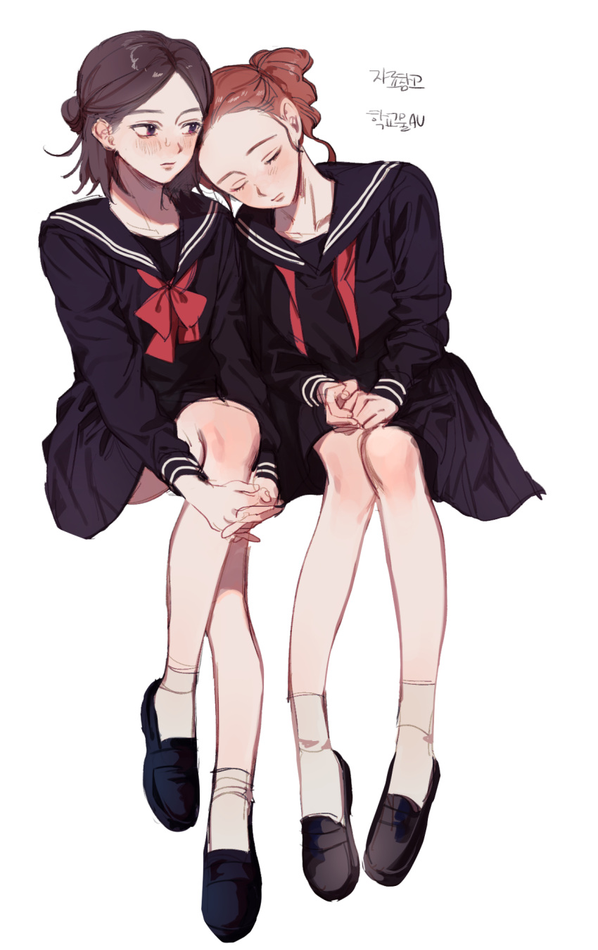 2girls black_footwear black_sailor_collar black_serafuku black_shirt black_skirt blush bow bowtie brown_eyes brown_hair character_request closed_mouth highres identity_v interlocked_fingers invisible_chair korean_text long_sleeves miniskirt multiple_girls neckerchief own_hands_together red_bow red_neckwear sailor_collar school_uniform serafuku shirt shoes simple_background sitting skirt socks translation_request undone_neckerchief white_background white_legwear yp_(pypy_5_)