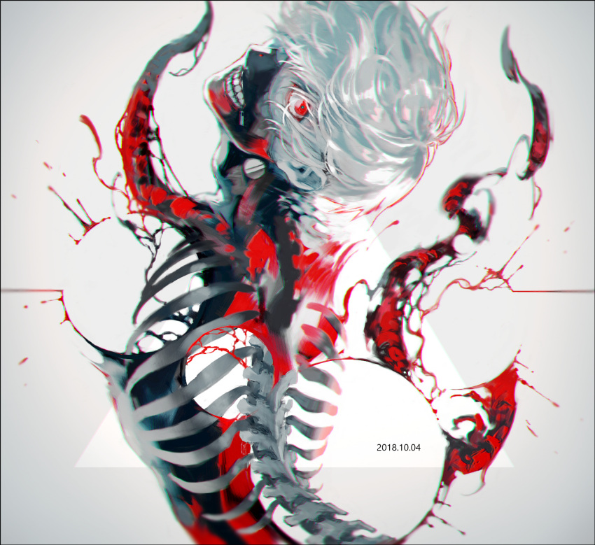 1boy black_bodysuit blood bodysuit commentary dated from_behind grey_background grey_hair highres kagune_(tokyo_ghoul) kaneki_ken koujima_shikasa looking_at_viewer looking_back male_focus mask mouth_mask red_eyes shiny shiny_hair short_hair simple_background solo spine symbol-only_commentary teeth_print tokyo_ghoul two-tone_background white_background white_hair