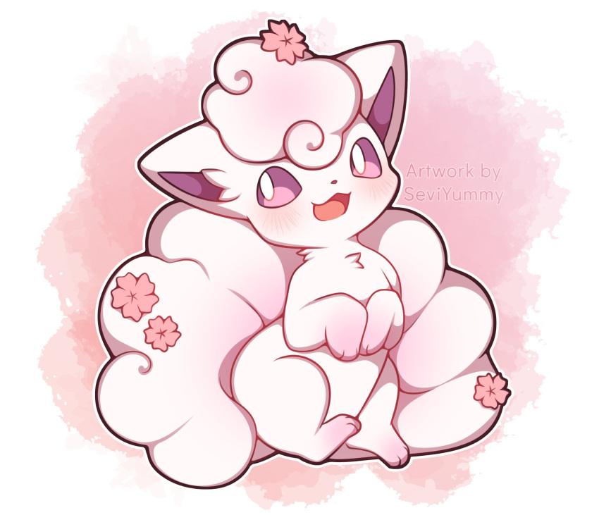 alolan_form alolan_vulpix artist_name blush commentary english_commentary flower full_body happy highres looking_at_viewer no_humans open_mouth outline pink_background pink_eyes pink_flower pokemon pokemon_(creature) sevi_(seviyummy) smile solo watermark white_background white_outline