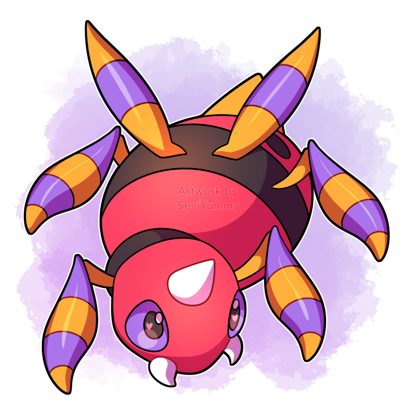 absurdres ariados black_eyes bug colored_sclera heart heart_in_eye highres horns no_humans pink_background pokemon pokemon_(creature) purple_sclera sevi_(seviyummy) single_horn solo spider symbol_in_eye teeth watermark white_background