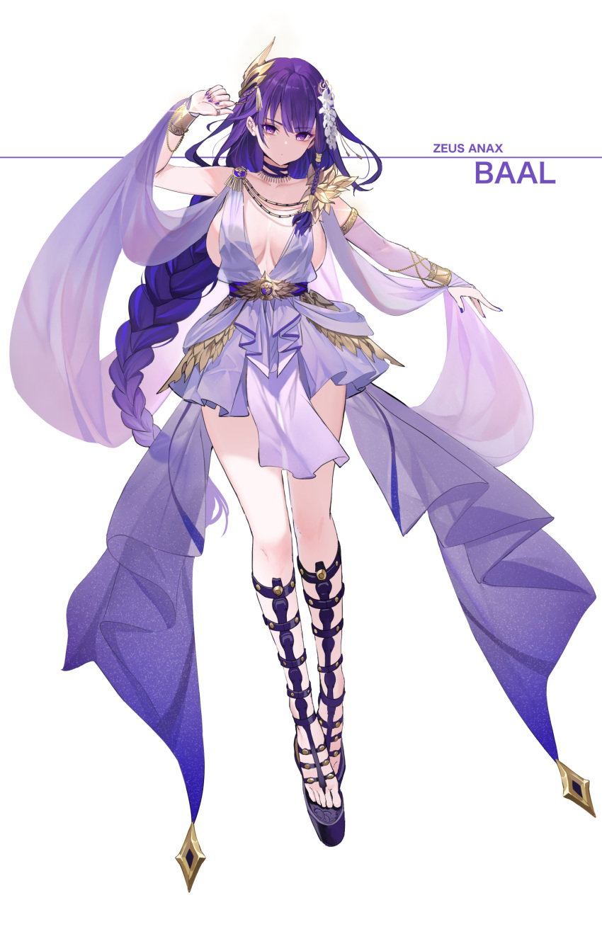 1girl alternate_costume breasts bridal_gauntlets character_name closed_mouth dishwasher1910 dress english_commentary full_body genshin_impact gold greek_clothes hair_ornament highres jewelry large_breasts legs long_braid long_hair platform_footwear purple_dress purple_hair purple_nails raiden_shogun short_dress simple_background single_bridal_gauntlet solo very_long_hair violet_eyes white_background wrist_guards