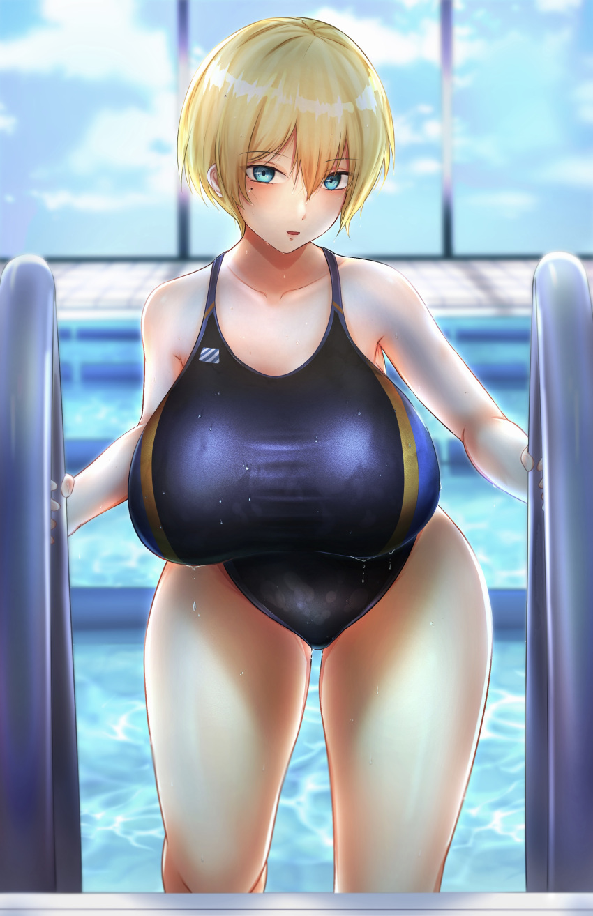 1girl :o absurdres bare_shoulders blonde_hair blue_eyes blue_sky blue_swimsuit blush breasts collarbone competition_swimsuit eyebrows_visible_through_hair girls_frontline guchagucha highres large_breasts looking_at_viewer mole mole_under_eye one-piece_swimsuit open_mouth pool short_hair sky solo standing swimsuit thighs vsk-94_(girls'_frontline) window