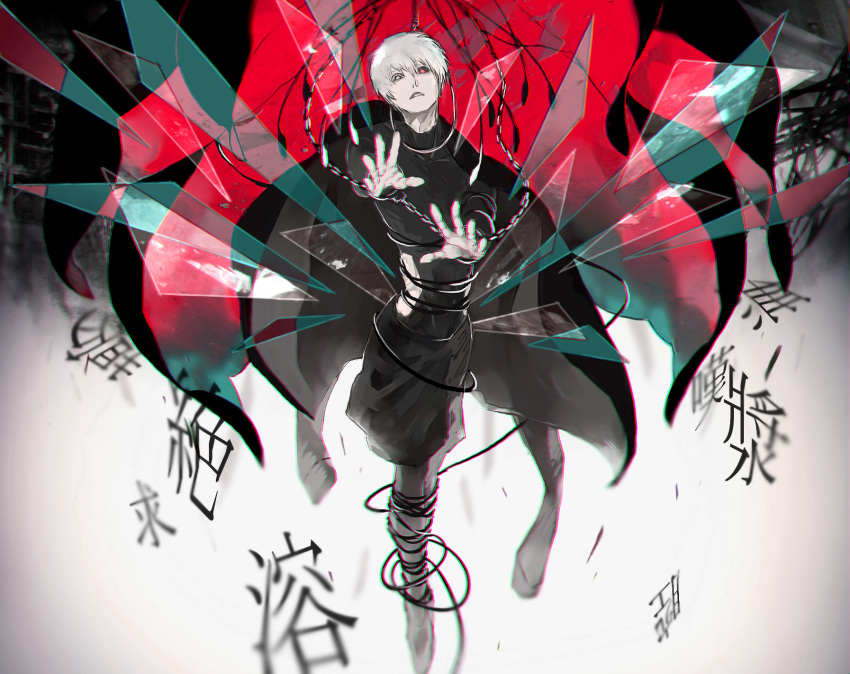 1boy bangs black_background black_jacket black_sclera black_shirt black_skirt chain colored_sclera commentary_request covered_collarbone full_body glowing glowing_eye gradient gradient_background grey_background grey_eyes hands_up heterochromia highres jacket kagune_(tokyo_ghoul) kaneki_ken koujima_shikasa long_sleeves looking_at_viewer male_focus open_clothes open_jacket parted_lips red_background red_eyes shirt short_hair skirt solo tokyo_ghoul translation_request white_hair