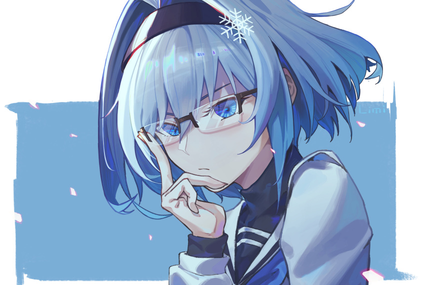 1girl absurdres adjusting_eyewear artist_name black_hair blue_background blue_eyes blue_hair closed_mouth glasses hair_intakes hair_ornament hairband highres limi26 long_sleeves looking_at_viewer rimless_eyewear ryuuou_no_oshigoto! sailor_collar short_hair simple_background snowflake_hair_ornament solo sora_ginko turtleneck two-tone_background upper_body white_background