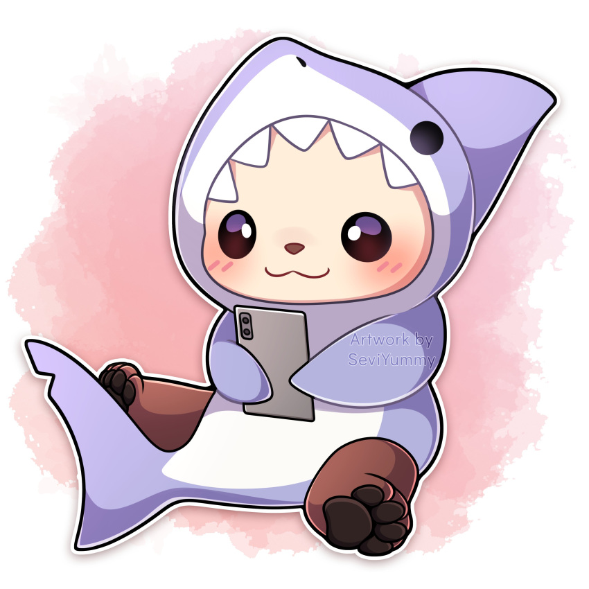 :3 absurdres animal_costume animal_hood black_eyes blush commentary english_commentary fish_tail highres holding holding_phone hood no_humans original phone pink_background sea_otter sevi_(seviyummy) shark_costume shark_hood shark_tail sitting smile tail white_background