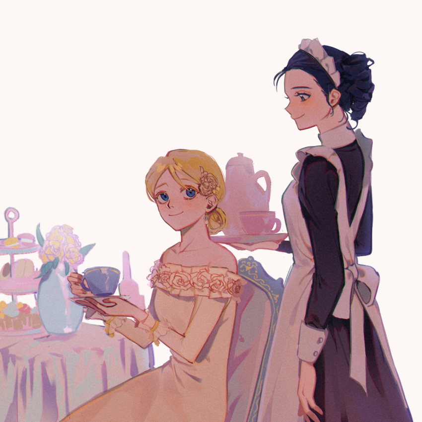 2girls apron black_dress blonde_hair blue_eyes blue_hair blush character_request closed_mouth cup dress flower hair_bun highres holding holding_cup identity_v long_sleeves maid maid_apron maid_headdress mole mole_under_eye multiple_girls off-shoulder_dress off_shoulder plant potted_plant rose simple_background smile teacup teapot white_apron white_background white_dress yp_(pypy_5_)
