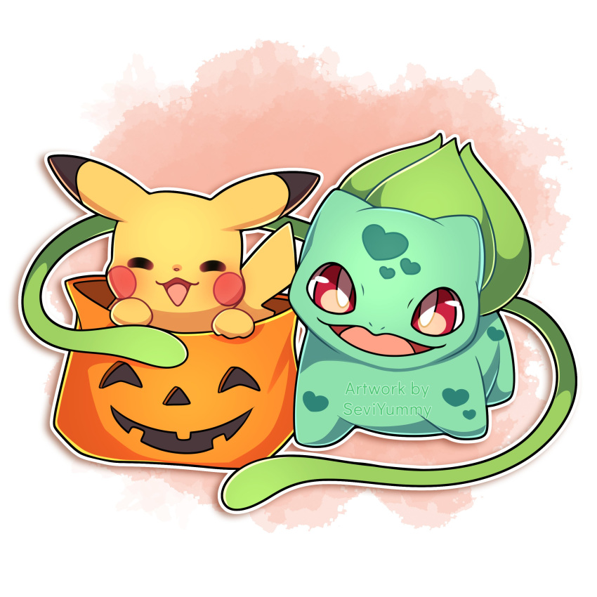 absurdres blush_stickers bulbasaur closed_eyes facing_viewer halloween_bucket happy heart heart_print highres looking_at_viewer no_humans open_mouth pikachu pokemon pokemon_(creature) red_background red_eyes sevi_(seviyummy) smile watermark white_background