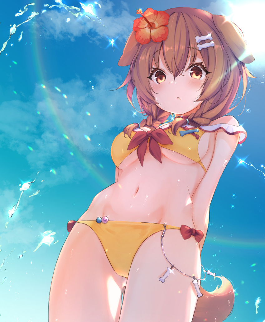 1girl animal_ears bangs bikini bone_hair_ornament bow bow_bikini bow_panties braid breasts brown_eyes brown_hair chocolate_cornet dog_ears dog_girl dog_tail fangs food hair_between_eyes hair_ornament hairclip highres hololive inugami_korone long_hair looking_at_viewer low_twin_braids mimike panties sky swimsuit tail twin_braids underwear virtual_youtuber water_drop