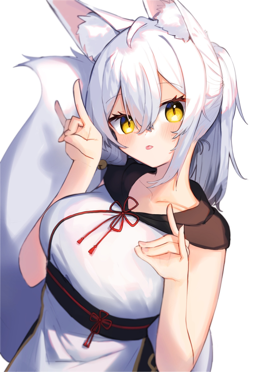 1girl animal_ear_fluff animal_ears bangs bell blush breasts closed_mouth collarbone commentary daifukumochi_(akaaokiiwo) double_fox_shadow_puppet dress eyebrows_visible_through_hair fox_ears fox_girl fox_shadow_puppet fox_tail hair_bell hair_between_eyes hair_ornament hands_up highres jingle_bell long_hair looking_at_viewer medium_breasts original simple_background solo symbol-only_commentary tail tongue tongue_out white_background white_dress white_hair yellow_eyes