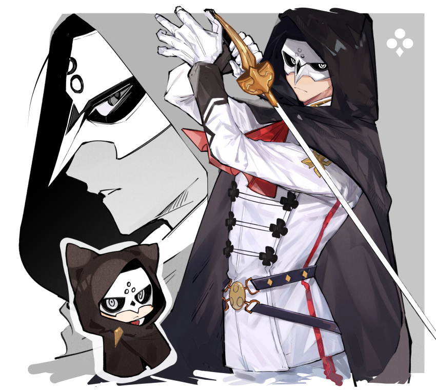 1boy absurdres ascot asogi_kazuma black_cape cape closed_mouth dai_gyakuten_saiban dai_gyakuten_saiban_2 gloves gyakuten_saiban highres holding holding_sword holding_weapon hood hood_up hooded_cape jacket long_sleeves male_focus mask multiple_boys pants parted_lips red_neckwear simple_background siomeronpan17 spoilers sword weapon white_gloves