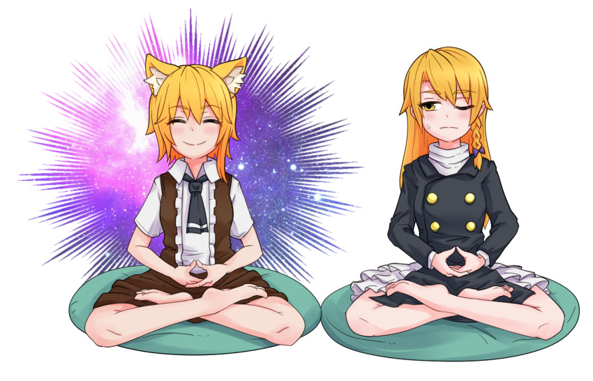 2girls ahoge animal_ear_fluff animal_ears asymmetrical_hair bangs barefoot black_jacket black_neckwear black_skirt blonde_hair blush bow braid brown_skirt brown_vest buttons closed_mouth collared_shirt commentary_request cookie_(touhou) double-breasted eyebrows_visible_through_hair fox_ears fox_girl fox_tail full_body jacket kirisame_marisa long_hair long_sleeves looking_at_another looking_to_the_side lotus_position meditation medium_hair miramikaru_riran multiple_girls necktie no_hat no_headwear open_mouth pillow purple_bow rei_(cookie) shirt short_sleeves side_braid sidelocks simple_background single_braid sitting skirt smile tail touhou turtleneck vest white_shirt yan_pai