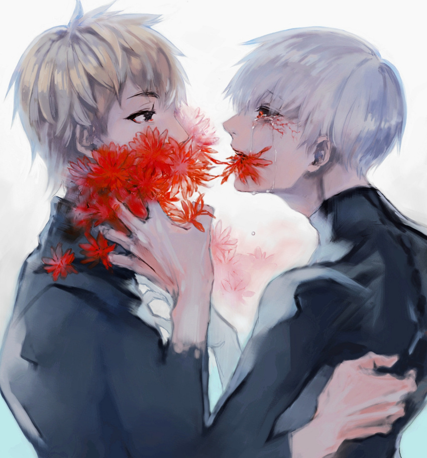 2boys androgynous bangs black_bodysuit black_jacket black_sclera blonde_hair bodysuit colored_sclera commentary_request covered_mouth eye_contact flower flower_in_mouth from_side grey_hair highres jacket kaneki_ken koujima_shikasa long_sleeves looking_at_another male_focus multiple_boys nagachika_hideyoshi red_eyes red_flower short_hair simple_background tears tokyo_ghoul upper_body white_background