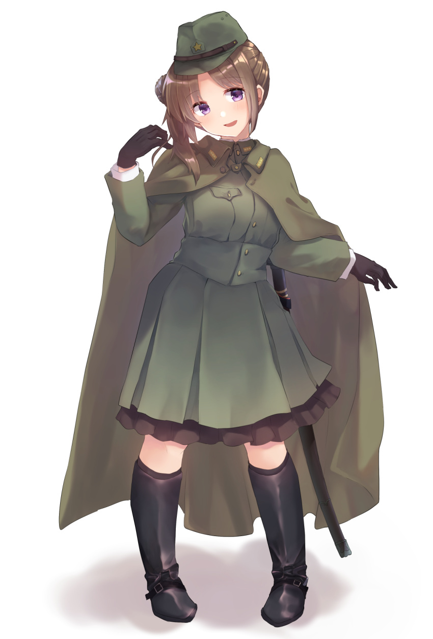 1girl :d bangs black_gloves boots coat dress forehead full_moon genderswap genderswap_(mtf) gloves green_coat green_dress hat highres imperial_japanese_army katana knee_boots long_hair long_sleeves military military_coat military_hat military_uniform moon open_mouth original ponkan_(ma_hassaku) sheath sheathed side_ponytail simple_background smile solo sword uniform weapon white_background world_war_ii