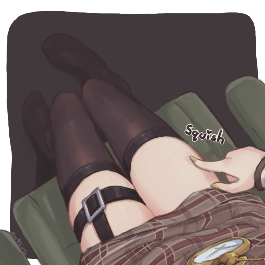 1girl black_legwear border brown_background brown_skirt close-up from_above highres hololive hololive_english long_sleeves lower_body nail_polish no_shoes plaid plaid_skirt pocket_watch renpc signature simple_background sitting skirt solo thigh-highs thigh_strap thighs virtual_youtuber watch watson_amelia white_border yellow_nails