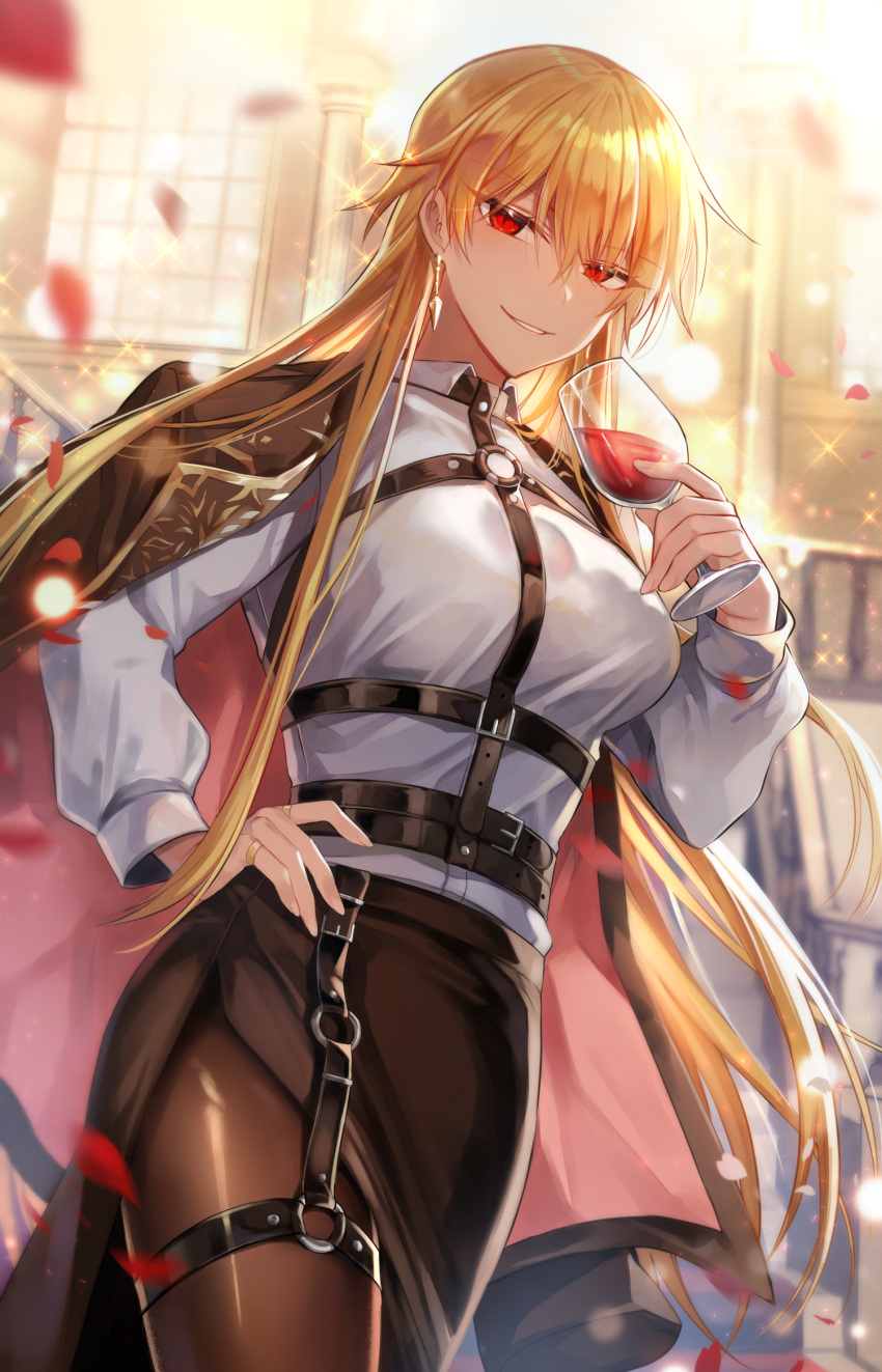 1girl alcohol belt black_legwear blonde_hair breasts capelet cup drinking_glass earrings fate/grand_order fate/protoreplica fate_(series) genderswap genderswap_(mtf) gilgamesh_(fate) hand_on_hip hand_up highres holding holding_cup indoors jewelry long_hair medium_breasts o-ring pantyhose petals red_eyes rijjin ring shirt skirt smile white_shirt wine wine_glass