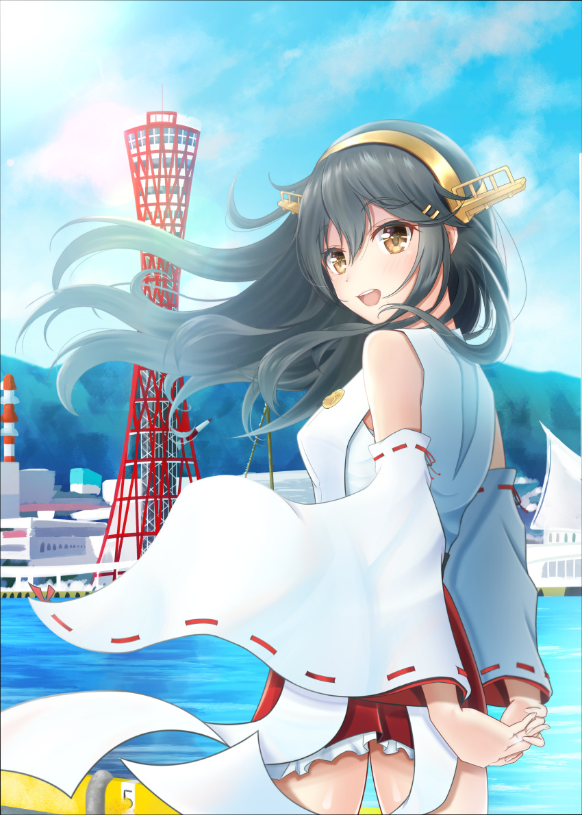 1girl absurdres black_hair brown_eyes building cityscape day detached_sleeves frilled_skirt frills hair_ornament hairband hairclip haruna_(kancolle) headgear highres japanese_clothes jewelry kantai_collection long_hair matsu_(matsubozu867) nontraditional_miko outdoors red_skirt remodel_(kantai_collection) ribbon-trimmed_sleeves ribbon_trim ring skirt solo wedding_band