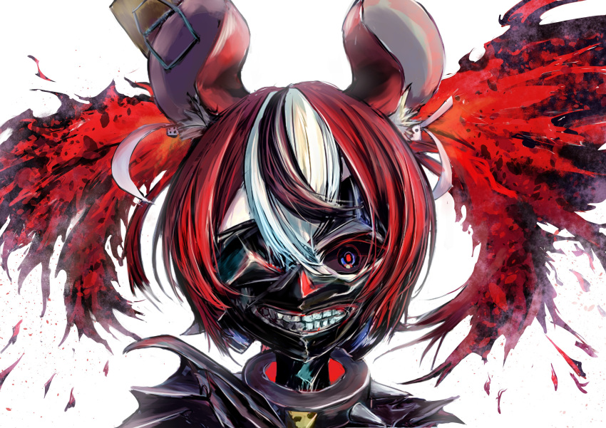 1girl absurdres animal_ears bangs black_hair black_sclera blood blue_eyes collar colored_sclera cosplay dice_hair_ornament hair_ornament hakos_baelz highres hololive hololive_english kaneki_ken kaneki_ken_(cosplay) liquid_hair mask mouse_ears mouse_girl multicolored_hair one_eye_covered portrait redhead s_panda_k solo spiked_collar spikes streaked_hair virtual_youtuber white_hair