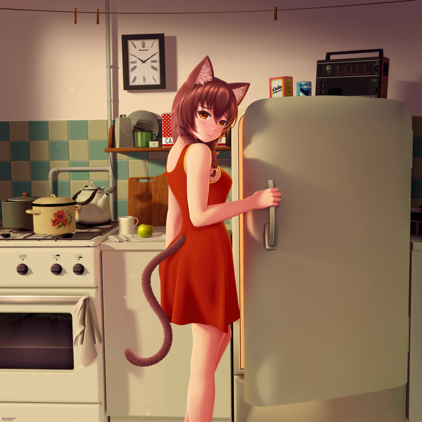 1girl 2ch.ru absurdres animal_ear_fluff animal_ears apple bangs bare_arms bare_shoulders blush braid brown_eyes brown_hair cat_ears cat_girl cat_tail clock clothes_pin commentary cup cutting_board dress english_commentary food fruit grater hair_between_eyes highres indoors kitchen ladle long_hair mug pot red_dress refrigerator side_braid sleeveless sleeveless_dress smile solo stove tail tail_through_clothes uvao-tan wall_clock wlper