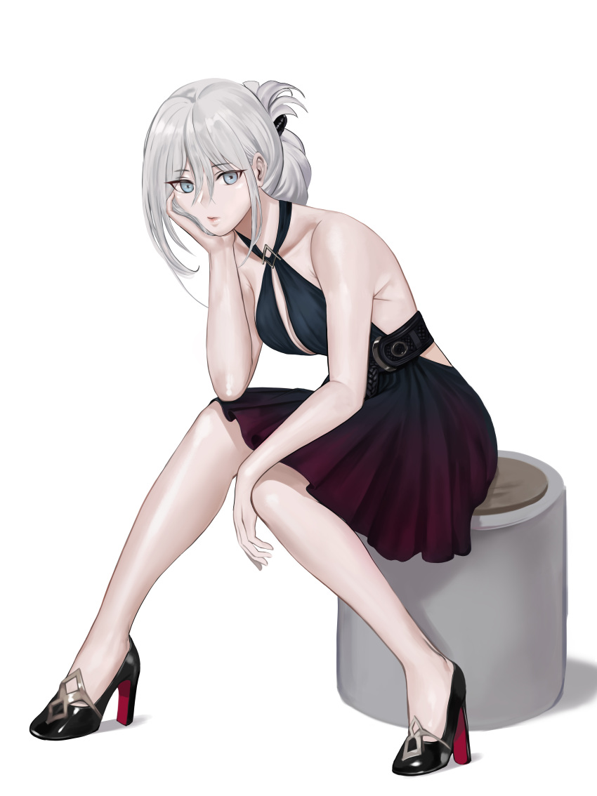 1girl absurdres an-94_(girls'_frontline) bare_shoulders belt black_dress black_footwear blue_eyes breasts closed_mouth dress eyebrows_visible_through_hair gcg girls_frontline hair_ornament hairclip hand_on_headset high_heels highres legs long_hair looking_at_viewer platinum_blonde_hair silver_hair sitting small_breasts solo white_background