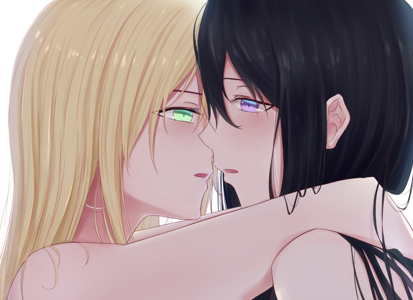 2girls aihara_mei aihara_yuzu bare_shoulders black_hair blonde_hair citrus_(saburouta) glowing glowing_eyes green_eyes highres imminent_kiss incest kiss long_hair looking_at_another multiple_girls portrait shigatsu_(4gate) violet_eyes white_background yuri