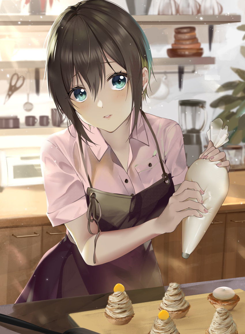 1girl absurdres akashi_maho apron bangs black_apron black_hair blue_eyes blurry blurry_background blush breast_pocket collared_shirt cowboy_shot cupcake d4dj day dress_shirt food hair_between_eyes highres icing indoors kitchen leaning_forward light_particles lips looking_at_viewer multicolored_hair open_collar parted_lips pastry_bag pink_shirt pocket shirt short_hair short_sleeves sidelocks solo spaghetti_strap standing streaked_hair sunlight upturned_eyes wing_collar yache