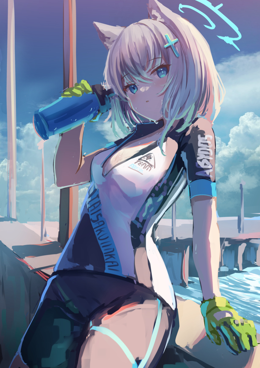1girl arm_support biker_clothes blue_archive blue_eyes blue_sky blush bottle breasts bridge bright_pupils clothes_writing clouds commentary_request cowboy_shot day gloves green_gloves halo highres holding holding_bottle leaning_back looking_at_viewer mismatched_pupils outdoors parted_lips shiroko_(blue_archive) shiroko_(cycling)_(blue_archive) shoa_tksm short_hair short_sleeves silver_hair sky small_breasts solo sunlight water