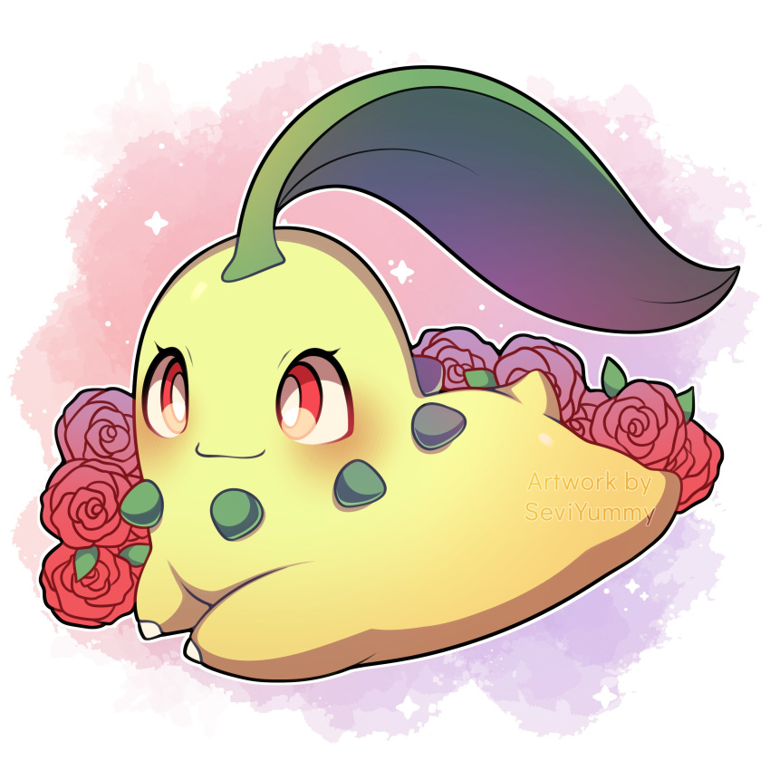 absurdres artist_name chikorita closed_mouth commentary flower highres pink_background pokemon pokemon_(creature) red_eyes red_flower red_rose rose sevi_(seviyummy) sparkle watermark white_background