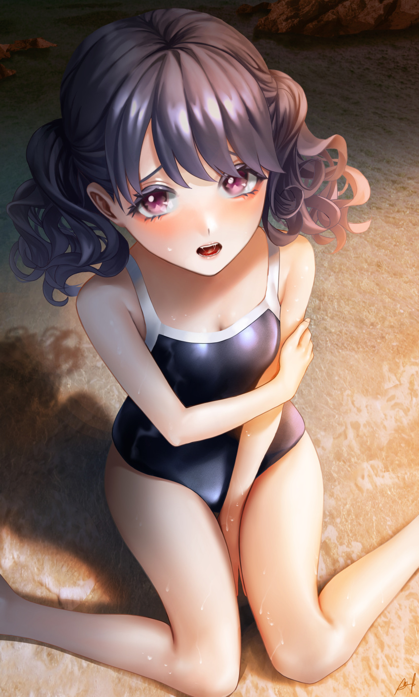 1girl absurdres bare_legs bare_shoulders beach between_legs black_hair black_swimsuit commentary_request fukumaru_koito hand_between_legs highres idolmaster idolmaster_shiny_colors kos-owl looking_at_viewer one-piece_swimsuit open_mouth school_swimsuit shadow sitting solo sweat swimsuit twintails violet_eyes wariza wet