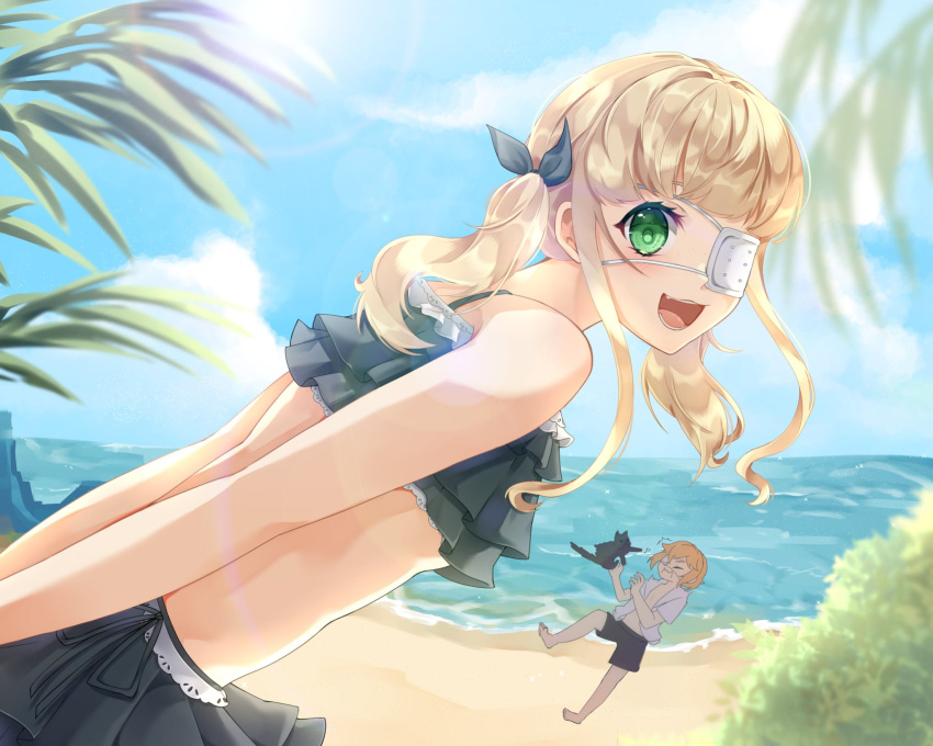 1boy 1girl bangs beach blonde_hair blunt_bangs cat cocolatte_umu eyelashes eyepatch green_eyes highres indie_virtual_youtuber looking_at_viewer low_twintails medical_eyepatch open_mouth second-party_source shio_tatsumi sky swimsuit tree twintails virtual_youtuber