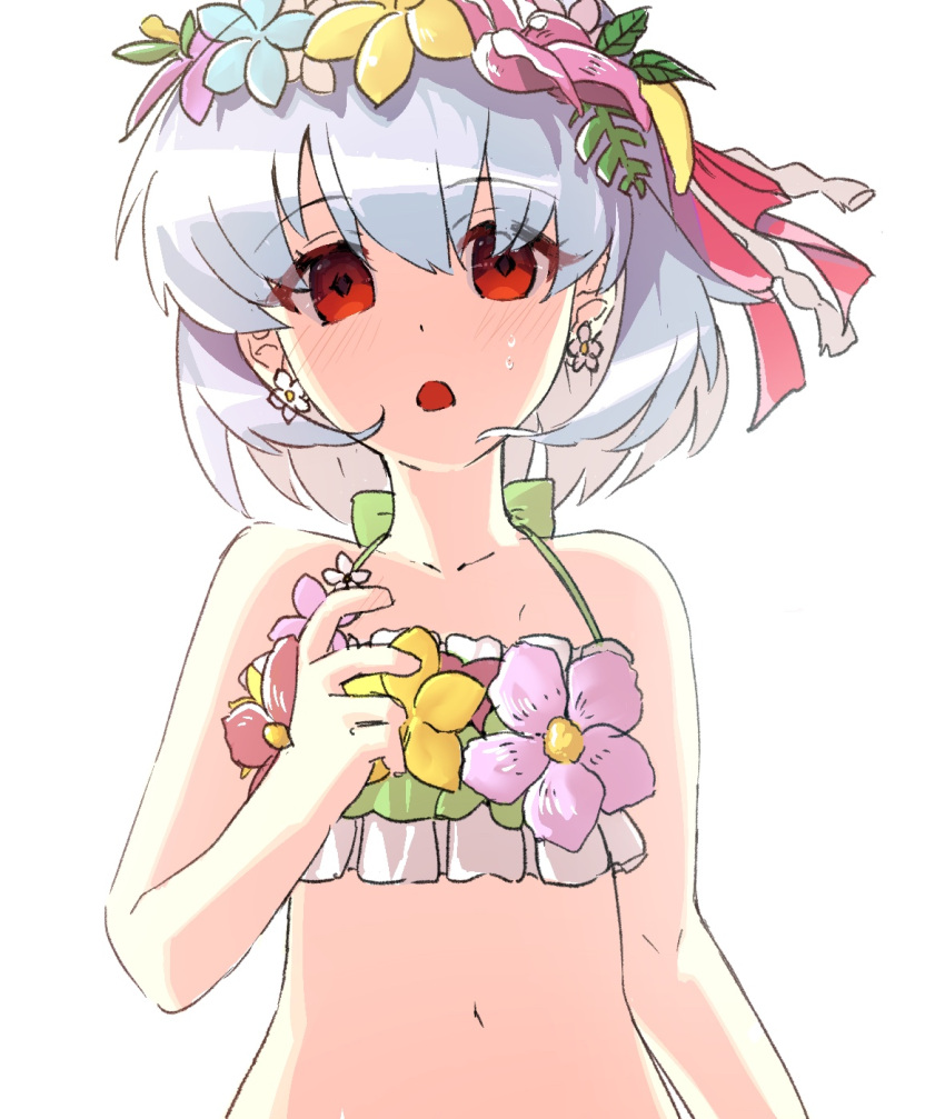 1girl bangs bare_shoulders bikini blush breasts collarbone fate/grand_order fate_(series) flower_wreath green_bikini hair_ribbon head_wreath highres kama_(fate) kama_(swimsuit_avenger)_(fate) looking_at_viewer moai_on navel open_mouth red_eyes ribbon short_hair silver_hair small_breasts solo swimsuit