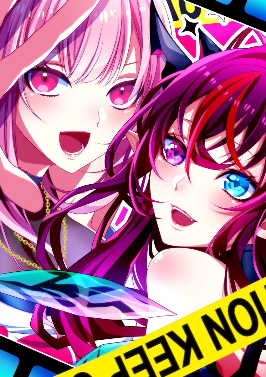 2girls bangs blue_eyes blush caution_tape chain fangs gold_chain heterochromia highres hololive hololive_english horns irys_(hololive) keep_out ki_keiichi@o_kou_kake-chuu looking_at_viewer multicolored_hair multiple_girls multiple_horns open_hand open_mouth pointy_ears purple_hair smile streaked_hair violet_eyes